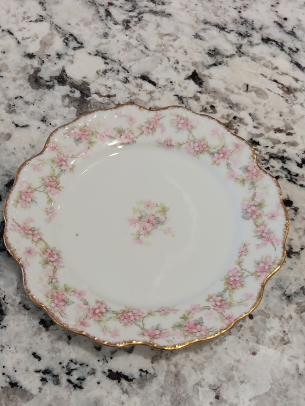 Vintage Limoges France Dessert Plate with Pink Floral Pattern and Gold Trim